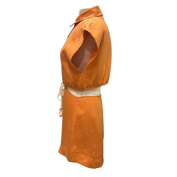Hevron 100% Linen Cutout Shirt Dress Size S Fits US 8–10 Orange Midi - Picture 4 of 11